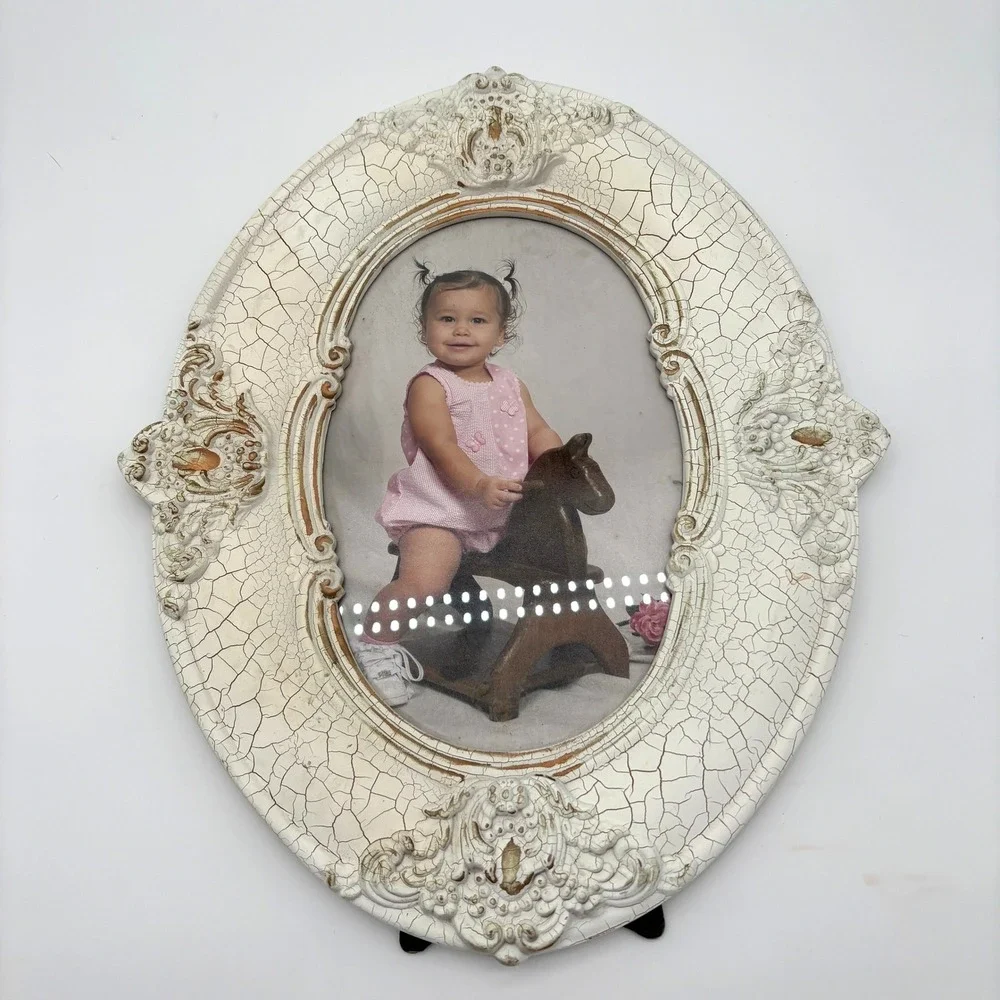 Vintage Shabby Chic Ornate Oval Picture Frame Distressed Crackle Baroque White